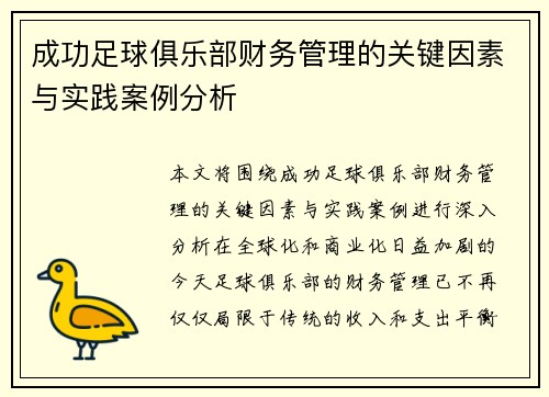 成功足球俱乐部财务管理的关键因素与实践案例分析 成功足球俱乐部财务管理的关键因素与实践案例分析