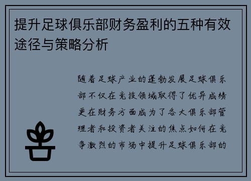 提升足球俱乐部财务盈利的五种有效途径与策略分析 提升足球俱乐部财务盈利的五种有效途径与策略分析
