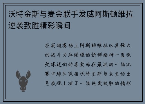 沃特金斯与麦金联手发威阿斯顿维拉逆袭致胜精彩瞬间