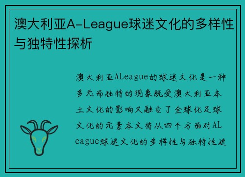 澳大利亚A-League球迷文化的多样性与独特性探析