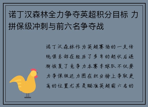 诺丁汉森林全力争夺英超积分目标 力拼保级冲刺与前六名争夺战 诺丁汉森林全力争夺英超积分目标 力拼保级冲刺与前六名争夺战